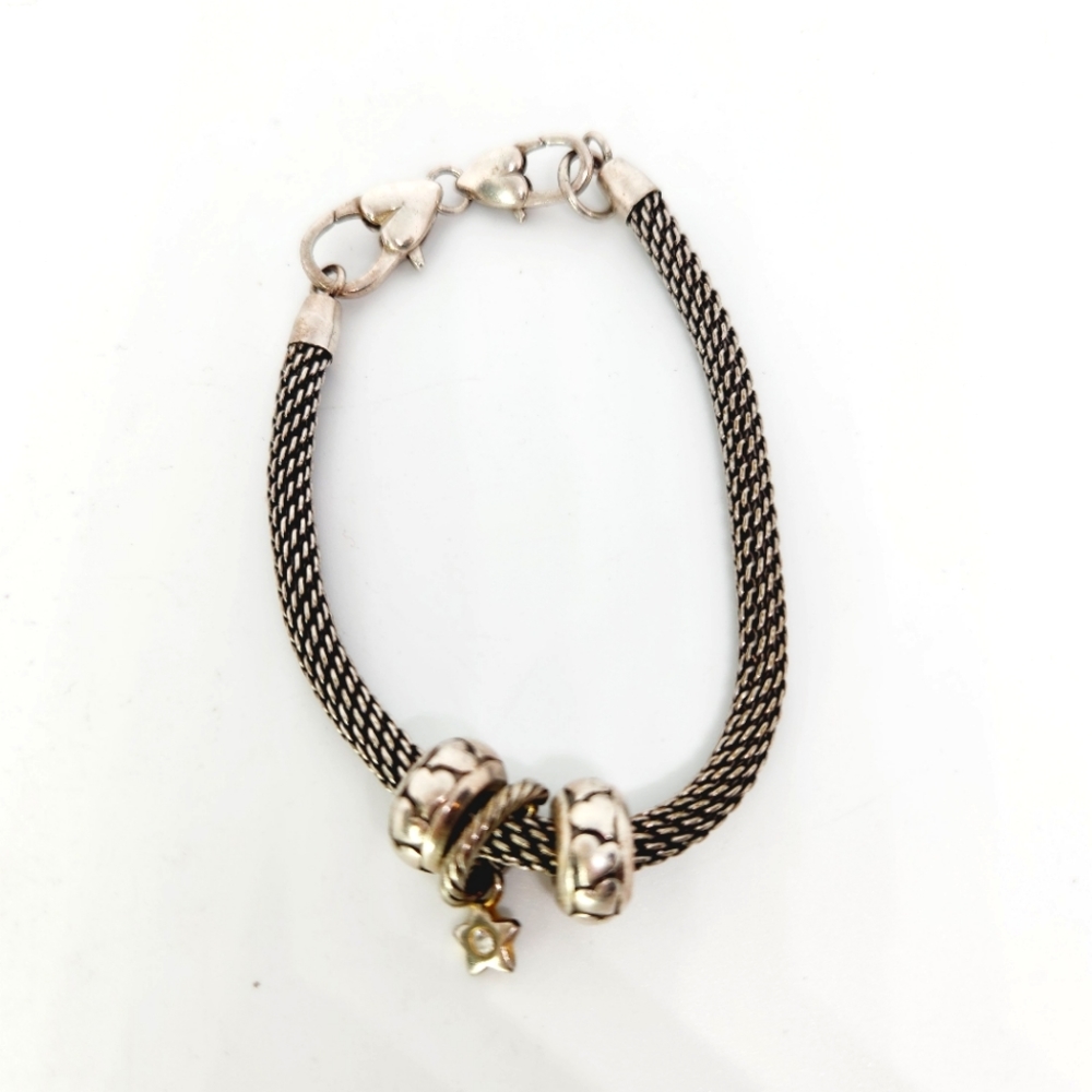 Brighton Silver Plated Mesh Charm Bracelet 8" W Heart Bead & Star Charm Bev Glam